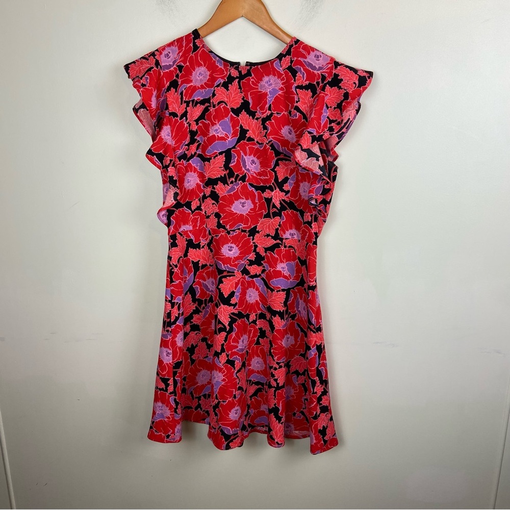 Who What Wear Neon Red Lilac Floral Flutter Sleeve Dress‎ size XS